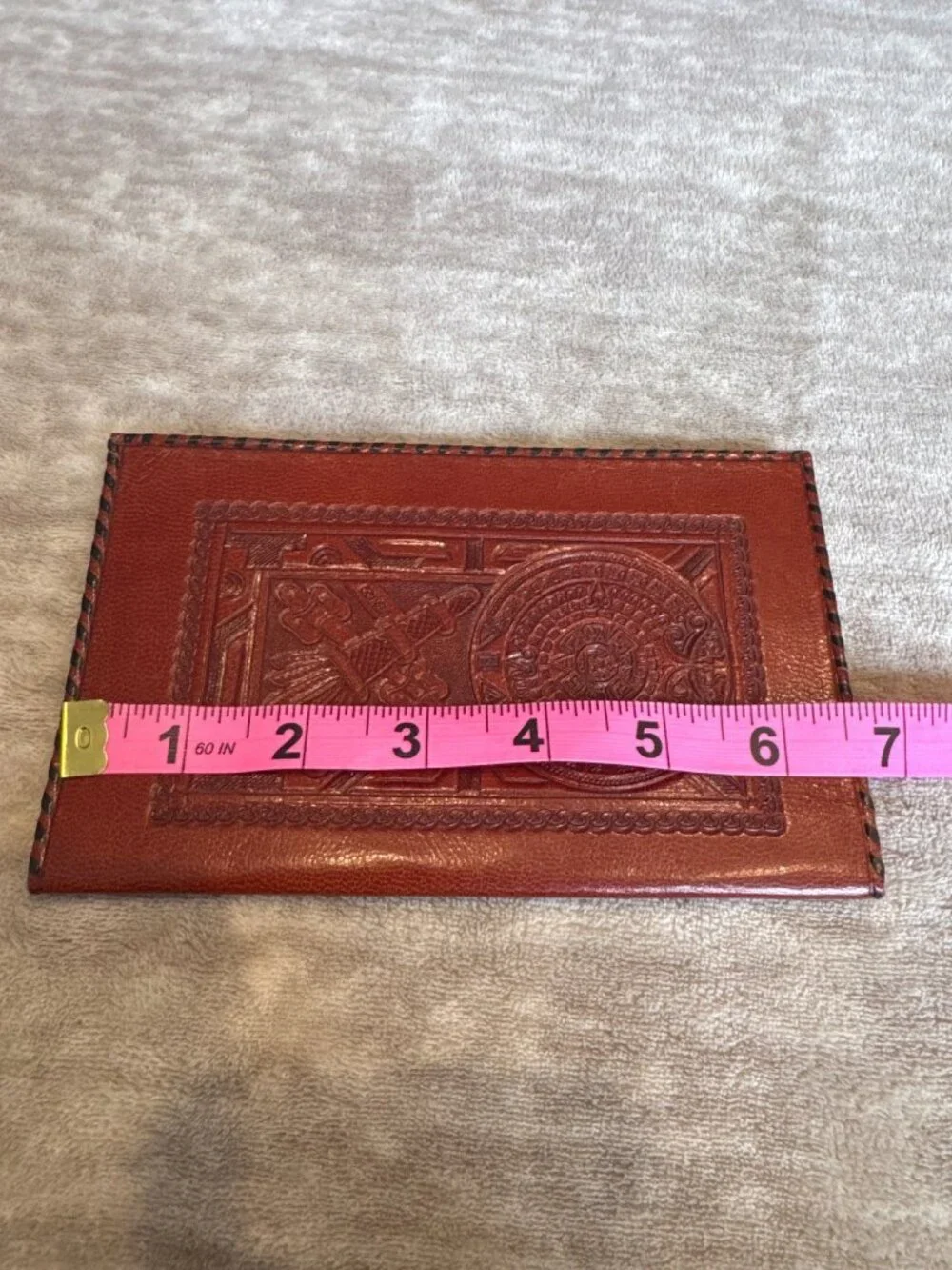 Handcrafted Embossed Leather Wallet Aztec Calendar Design Long Bifold Style